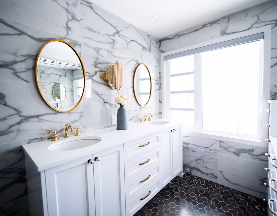 Marble spa-inspired primary bathroom